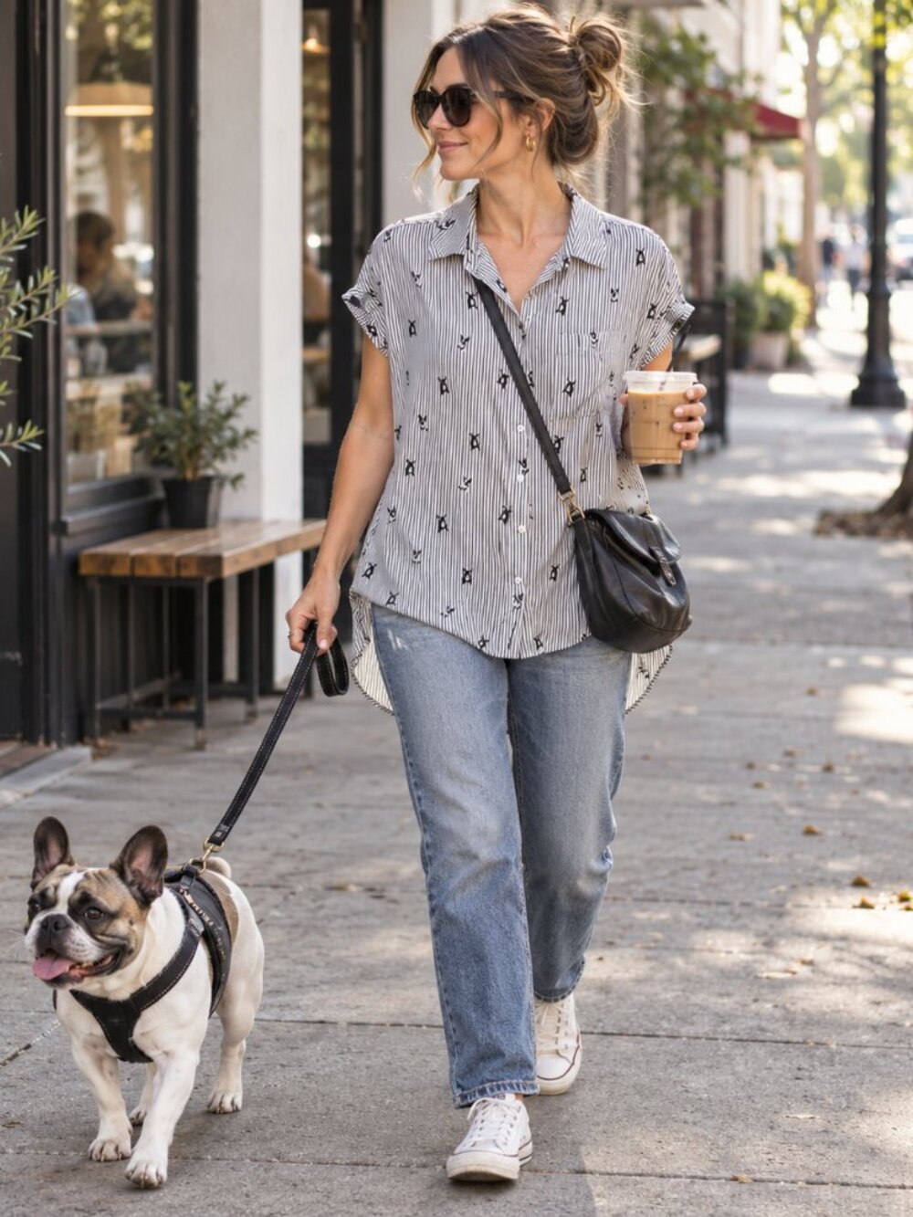 Jane + Delancey French Bulldog Blouse | Striped Dog Print Novelty | Medium